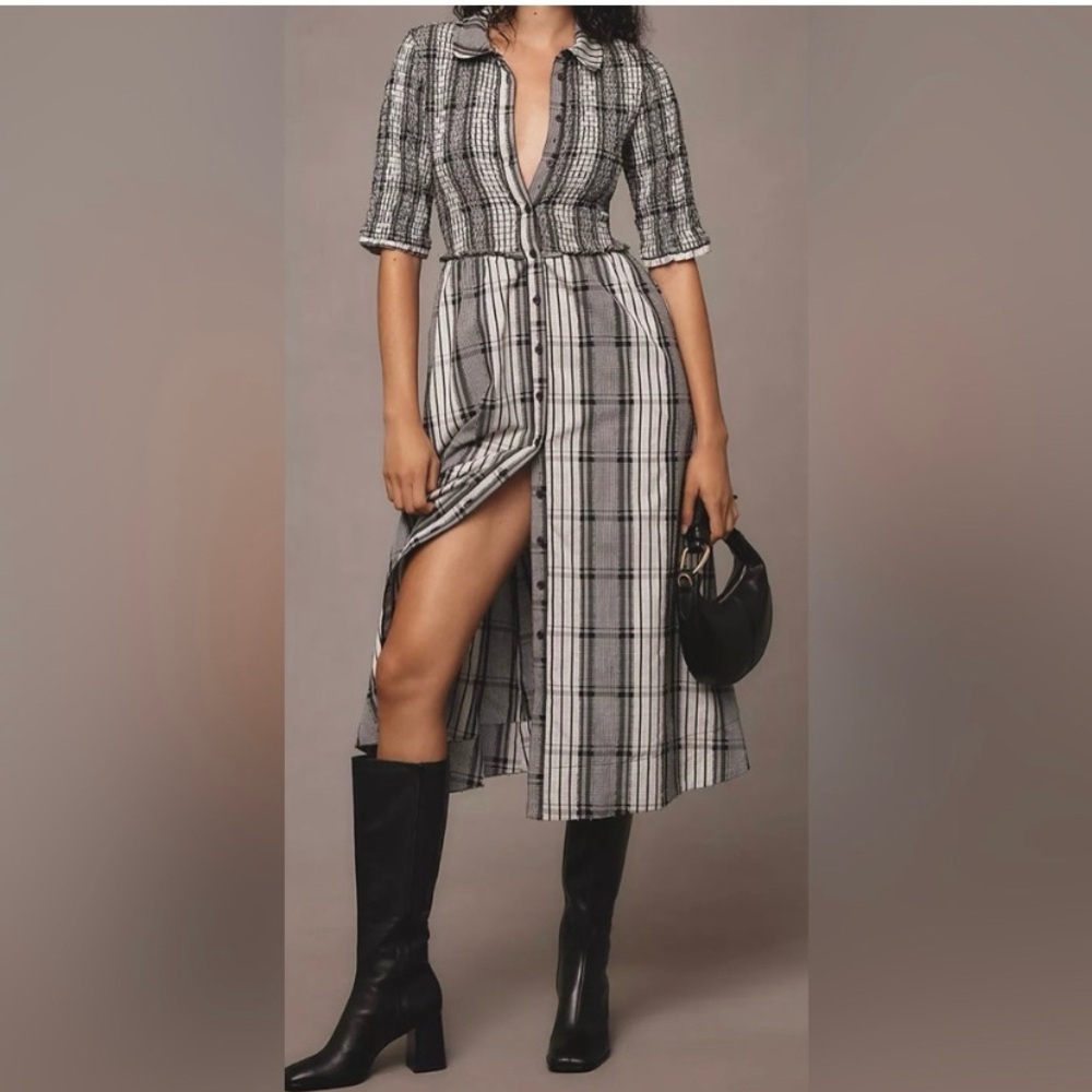 Anthropologie Black and White Buttoned Peplum Midi Dress